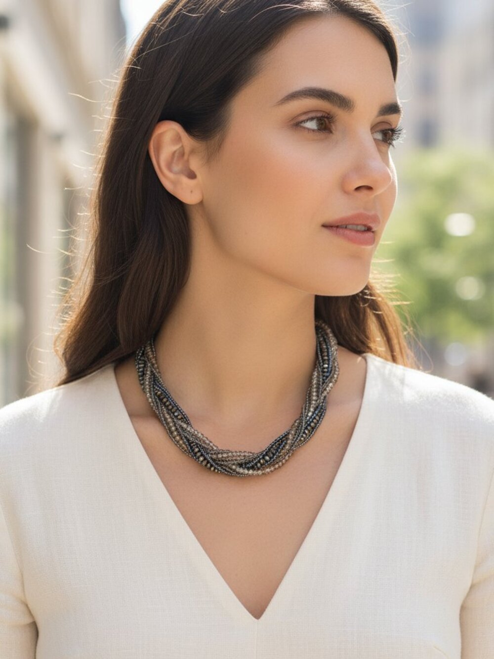 Layered Multiβ Strand Twisted Necklace Beaded Gray Black Boho Whimsigoth Indie